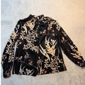Vintage 70s  Dark Floral Womens Black Bird Print Mock Neck Botanical silky light